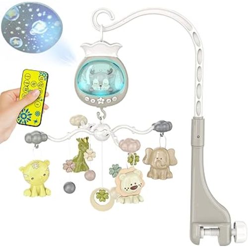 Crib Mobile with Music and Lights, Baby Mobiles for Cribs, Nursery Mobile Arm Hanging Toys for Bassinets Girls Boys Babies, Musical Infant Space Portable Mobiles Clip On Pack and Play Hanger