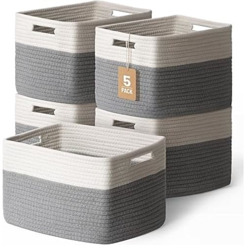 5 Pack Woven Storage Baskets for Shelves, Decorative Basket Closet Organizer Storage Bins for Clothes, Books, Pantry, Bathroom – Cotton Rope Shelf Baskets for Organizing and Decor, Gray & White
