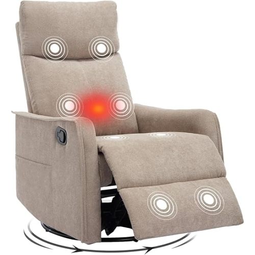 Trustyue Swivel Rocker Recliner Chair, 360° Swivel Recliner with Heat and Massage, Rocker Recliner Nursery Glider Chair with Side Pockets for Living Room (Khaki, Fabric)