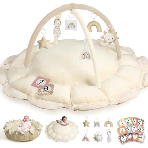 HAM-MM 5-in-1 Convertible Baby Play Gym with 6 Toys, Tummy Time Mat for Sensory Development, Baby Activity Center for Newborn & Toddler, Ball Pit, Cat & Dog Bed, Soft Pet Bed, No Ball Included Cream