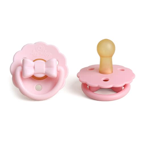 Itzy Ritzy Natural Rubber Pacifiers Set of 2, 6-18 Months (Pink Bows) | Soft Cherry-Shaped Nipple Mimics Breastfeeding, Large Air Holes Enhance Safety, BPA-Free Design, Provides a Soothing Comfort