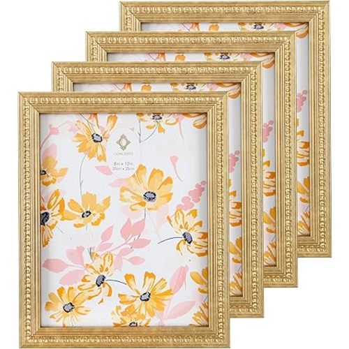 Concepts 8x10 Set Of 4 Gold Ornate Vintage Resin Picture Frames With HD Clear Glass, Extra Durable Photo Frames - Display Wallhung/Tabletop Vertically Or Horizontaly