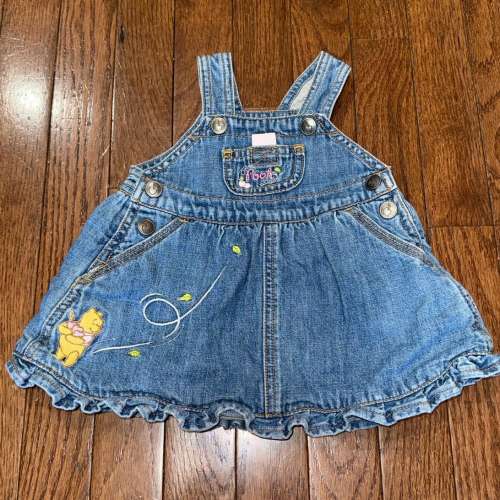 Vintage Y2K Disney Store Baby Winnie the Pooh Denim overall Jumper 0-3 months Dress Newborn Girls Pooh Bear & Apple Embroidery