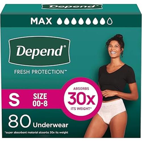 Depend Fresh Protection Adult Diapers, Incontinence & Postpartum Bladder Leak Underwear for Women, Disposable, Maximum, Small, Blush, 80 Count (2 Packs of 40), Packaging May Vary