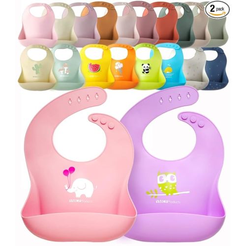 2-Pack Waterproof Silicone Baby Bib Lightweight Comfortable Easy-Wipe Clean (Purple/Light Pink, Large)