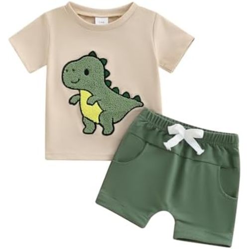 fhutpw Toddler Baby Boy Summer Clothes Embroidery T-Shirt Casual Shorts Sets Infant Truck Excavator Dinosaur Pattern Outfits