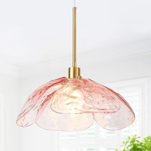 Pink Hammered Glass Pendant Light - 14" Large Vintage Pendant Light, Modern Industrial Farmhouse Hanging Lamp Ceiling Lighting Fixture for Island Dining Room Foyer Hallway Bar Cafe Kitchen Sink