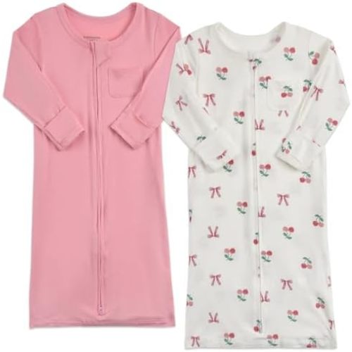 Aablexema Baby Nightgowns Rayon of Bamboo, 2Pcs Newborn Sleeper Gown with 2-way Zipper, Flip Mittens & Foot Cover