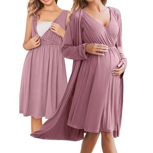 KISSGAL Maternity Robe and Nursing Nightgowns Set for Hospitable Breastfeeding 3 in 1 Labor Delivery Nursing Sleeveless Gown Bathrobe Pregnancy Clothes