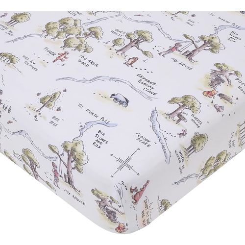Disney Classic Winnie The Pooh Sage, Tan, and White, Map of 100 Acre Woods Super Soft Nursery Fitted Crib Sheet