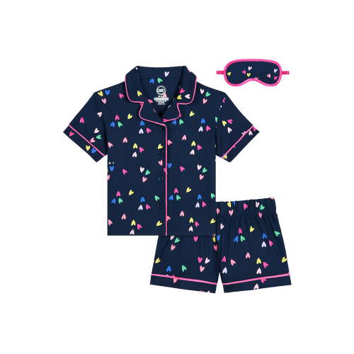 Wonder Nation Girls Short Sleeve Button Front Pajama Top and Shorts Set with Eyemask, 3-Piece, Sizes Sizes 4-18