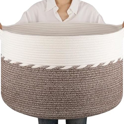 OIAHOMY 90L Extra Large Blanket Basket - Decorative Cotton Rope Storage Basket for Bedroom, Living Room & Nursery - Woven Laundry Hamper for Organizing Blankets, Clothes & Toys - Brown & White