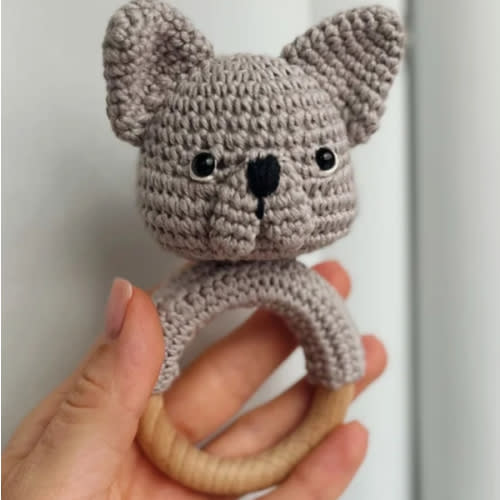 Crochet Rattle, Cute Bulldog Rattle, French Bulldog Toy, Baby Shower Gift, Christening Gift, New Baby Gift, New Mom Gift, dog rattle