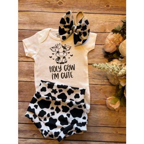 Holy Cow I’m Cute Baby Outfit – Farm Baby Clothes – Cow Print Shorts & Bow – Funny Infant Gift – Country Baby Girl Set