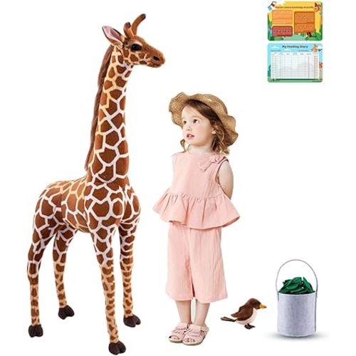 Giant Stuffed Giraffe Animal Set, 47 Inch Large Giraffe Plush Toy for Kids with Bird & Basket & Leaves & Card, Toddler Lifelike Standing Giraffe Toys Stuffed Animal Gift for Girls Boys