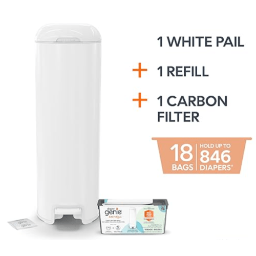 Diaper Genie Platinum Pail (Lily White) is Made in Durable Stainless Steel and Includes 1 Easy Roll Refill with 18 Bags That can Last up to 5 Months.