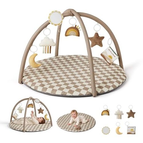 Blissful Diary Baby Play Gym Mat, Play Mat Activity Mat with 6 Detachable Toys for Stage-Based Sensory & Motor Skill Development, Easy to Install & Clean, Baby Essentials Gift, Brown Checkerboard