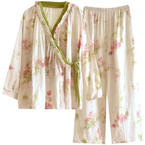 Womens Floral Cotton Pajama Set – Soft Sleepwear with Kimono Wrap Top & Elastic Waist Pants