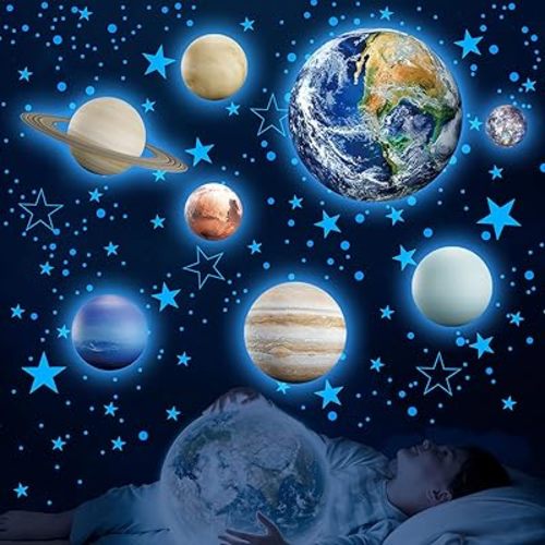 Glow in The Dark Stars Solar System Wall Decals, The Earth Wall Stickers for Bedroom, Baby Nursery Planets Sticker Decoration for Ceiling (Blue)