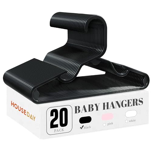HOUSE DAY Black Baby Hangers 20 Pack, Thin and Compact Kids Plastic Hangers | Small Baby Clothes Hangers for Newborn to Toddler | Non-Slip Notches Hold Straps, Slim Design Keeps Nursery Closets Neat