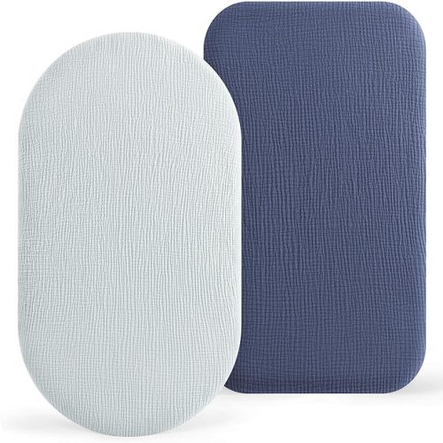 Bearmoss Bassinet Sheets - 2 Pack Muslin Cotton Bassinet Sheets Fits Oval and Rectangle Bassinet Mattress, Breathable and Skin-Friendly for Baby Boy and Girl (Light Blue&Royal Blue)