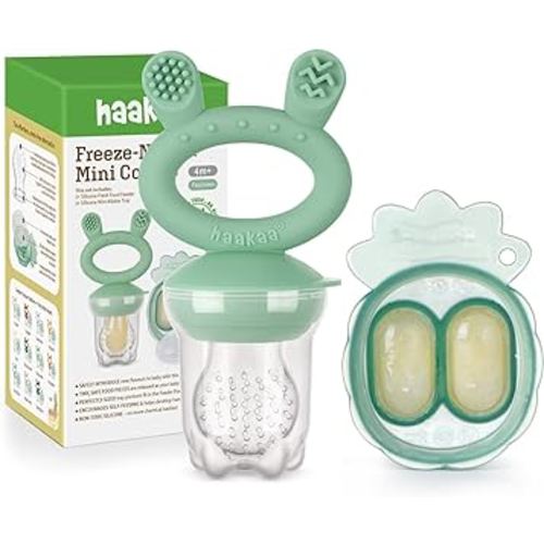 Haakaa Baby Fruit Food Feeder & Mini Freezer Nibble Tray Combo, Breastmilk Popsicle Molds for Cooling Relief, BPA Free Silicone Feeder for Safe Infant Self Feeding, 4 Month+ (Pea Green)