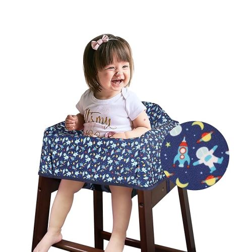 Dual-Belt High Chair Cover, Baby High Chair Cover, Upgrade Version, for Wooden or Restaurant High Chair, Sturdy and Robust Material, Blue Space