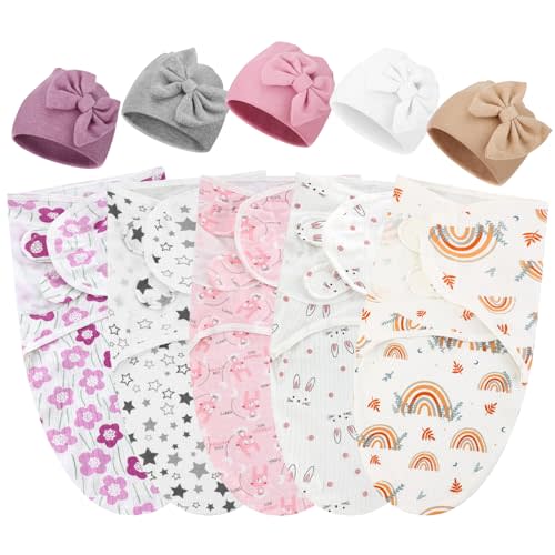 Fanfanwin 5 Pack Preemie Swaddle Blanket Wrap with Hat Set Cotton Preemie Baby Clothes Hat Receiving Blanket for 3-7 Lbs Newborn Boys Girls(Bow)