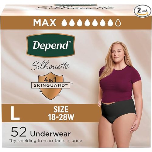 Depend Silhouette Adult Diapers, Incontinence & Postpartum Bladder Leak Underwear for Women, Maximum Absorbency, Large, Black, 52 Count (2 Packs of 26), Packaging May Vary