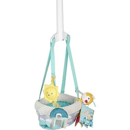 Evenflo Exersaucer Baby Hanging Clampable Doorway Jumper with 4 Removable Toys, Peek a Boo Flip -Book, and Mirror, Sweet Skies