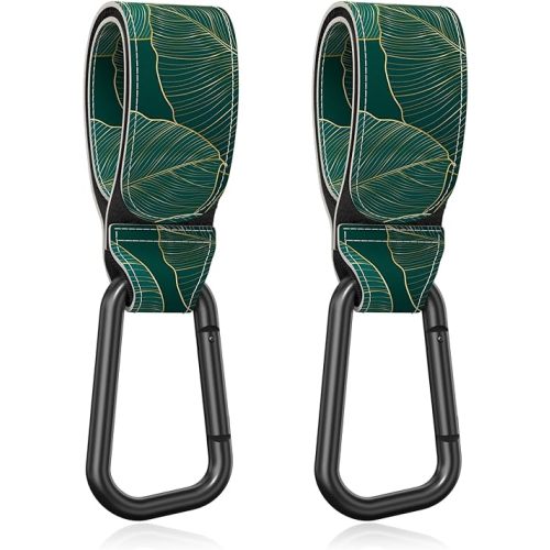 Baby Stroller Hooks for Hanging Bags, Universal Stroller Clips Stroller Accessories Hook Mommy Hook for Stroller, Diaper Bag, Shopping Bag, Purse, Backpack (Green Leaf, 2 Pack)