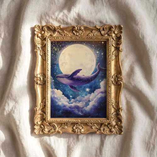 Purple Whale Canvas Painting Print <3 cosmic space whale flying through starry night sky dreamy galaxy kids bedroom girl nursery decoration