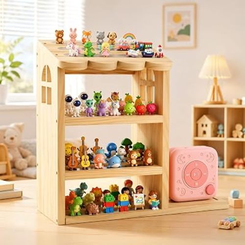 3 Tier Wooden Storage Shelf Compatible with Toniebox Magnetic Figures, House Design Organizer Holds Audio Player, Charging Station and 70 Figures, Desktop Display Rack for Kids Playroom