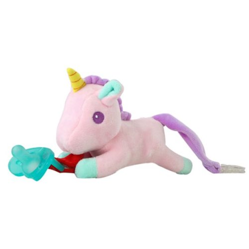 Unicorn Pacifier Holder and Rattle (2 in 1)- Adapts to Name Brand Pacifiers, Suitable for All Ages, Plush Toy Includes Detachable Pacifier