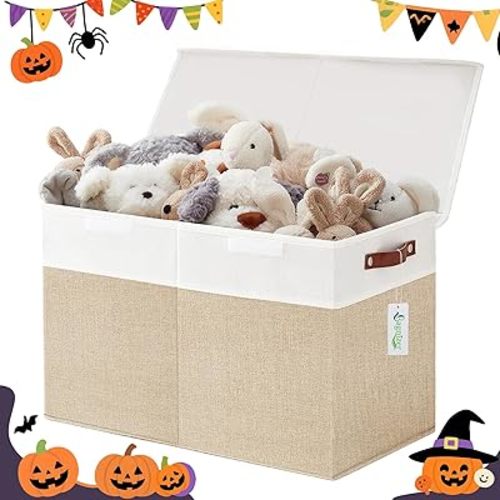 Large Toy Storage Box with Lids, Collapsible Sturdy Baby Storage Organizer Chest Bin Basket for Kids, Boys, Girls, Playroom, Nursery, Bedroom, Closet 25"x13"x16" (Beige and White)