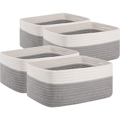 OIAHOMY 4 Pack Storage Baskets for Organizing, Small Bins for Shelves, Cute Decorative Storage Bins, Organizer Baskets for Gifts Empty,13''Lx8.7''Wx5.1''H, Grey/White