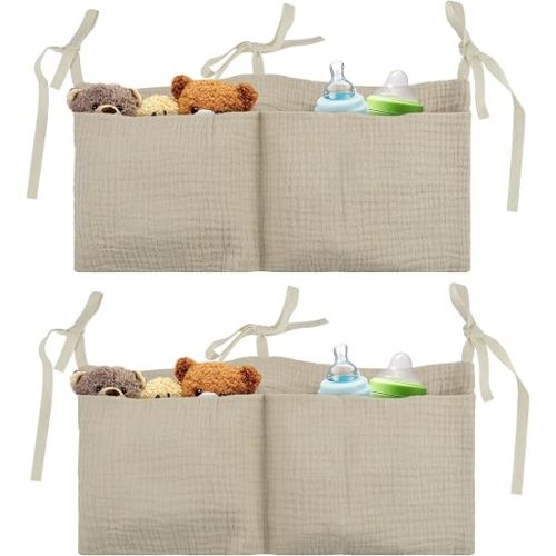 flintronic Cotton Baby Bedside Hanging Storage Bag, 2PCS Crib Organizer Bags, Baby Bed Storage Hanging Bag, 2 Pockets Cribs Organizer for Diapers Clothing Drool Bibs Toys