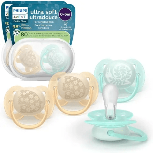 Philips Avent Ultra Soft Pacifiers - Orthodontic Design, for Babies 0-6 Months, Flexible Shield, Silicone Symmetrical Nipple, BPA-Free, 2 Sterilizing Cases, 4 Pack, SCF091/49