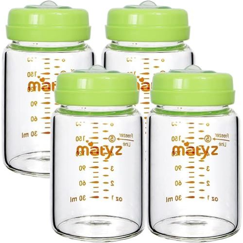 Matyz Glass Breastmilk Storage Bottles, 4-Pack (Green, 6oz Each), Wide Mouth Food-Grade Borosilicate, Leakproof for Spectra Medela Philips Breast Pumps, Travel, Camping