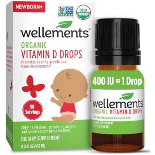 Wellements Organic Baby Vitamin D3 Liquid Drop 400IU Newborn+ 90 Day Supply