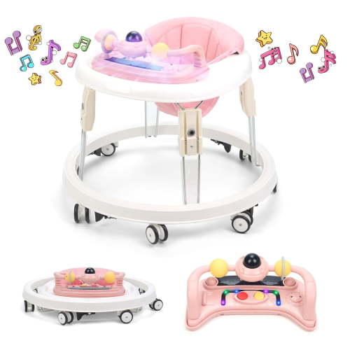 3 in 1 Baby Walker, Foldable Toddler Activity Center with Adjustable 7 Gear Height, Padded Seat, Music, Light, Removable Toy Tray for Infant Girls Boys Aged 6-24 Months, Pink