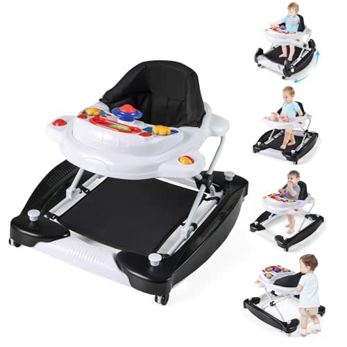 BABY JOY 6-in-1 Baby Walker, Foldable Baby Walker with Wheels, Adjustable Height, Music, Lights, Bouncer & Rocker Mode, Baby Walkers for Boys Girls 6-14 Months (Black)
