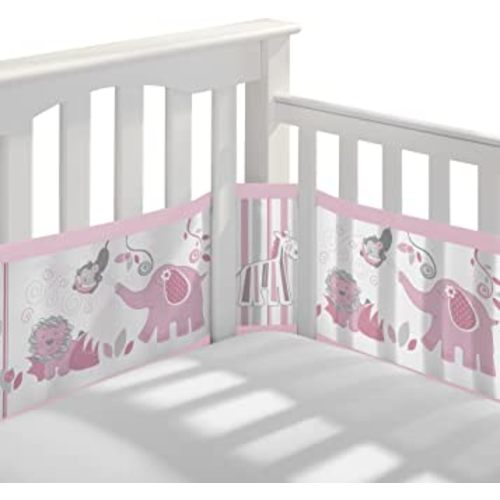 BreathableBaby Breathable Mesh Liner for Full-Size Cribs, Classic 3mm Mesh, Safari Fun Girl (Size 4FS Covers 3 or 4 Sides)