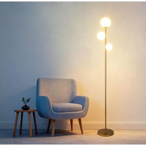 Fiqevs 3 Globe Mid Century Modern Floor Lamp for Living Room, Gold Standing Lamp with Frosted Glass Shade and 3x2700K Warm LED Bulbs, Vintage Retro Tall Lamps for Bedrooms, Office - Antique Brass
