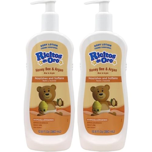 Ricitos de Oro Honey and Argan Baby Body Lotion That Helps Smooth Baby Skin -Hypoallergenic with Honey Bee Extract Delicious Scent, 2-Pack of 12.8 FL Oz Each, 2 Bottles.