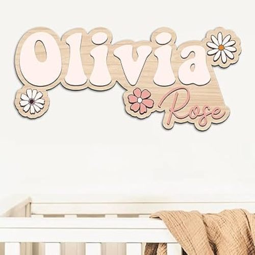 Personalized Name Sign For Nursery, Custom wooden name sign, Boho floral name sign, Girl name Sign, Baby room decor, Above crib sign, Baby gift, Daisy flower wood sign, Retro Nursery Sign d1