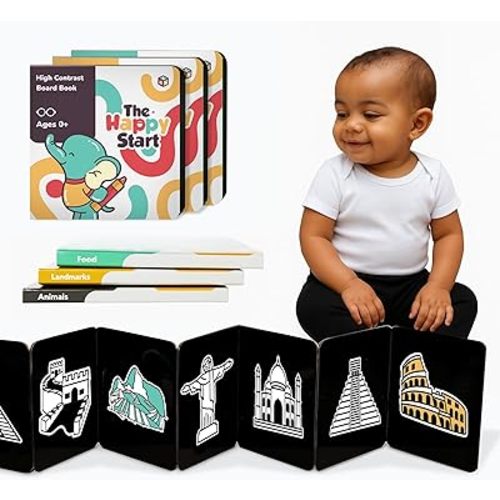 Happy Start Award-Winning High Contrast Board Book - Newborn Black & White Baby Cards, Easy to Clean, Hospital Approved, Stands on Its Own, Tummy Time Toy, Ages 0+ (3 Pack - Animals, Food, Landmarks)