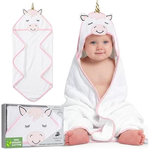 Mother's Choice Baby Towels 100% Organic Cotton Unicorn Hooded Design, Oeko-TEX Certified, Ultra-Soft Absorbent Hooded Bath Towel for Newborn Girls, Baby Girl Shower Gift (Unicorn)