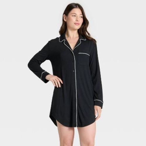 Women's Cloud Knit Modal Notch Collar Long Sleeve Nightgown - Auden™ Black M