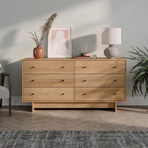 Finnley Natural Oak 6 Drawer Dresser 61 in. Wide Chest of Drawers, Dresser for Bedroom, Chest of Drawers for Bedroom